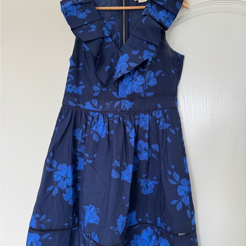 Navy Blue Floral Dress with Ruffle Collar